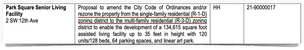 Request for zoning change. Excerpt from "Projects in Review"  page 14