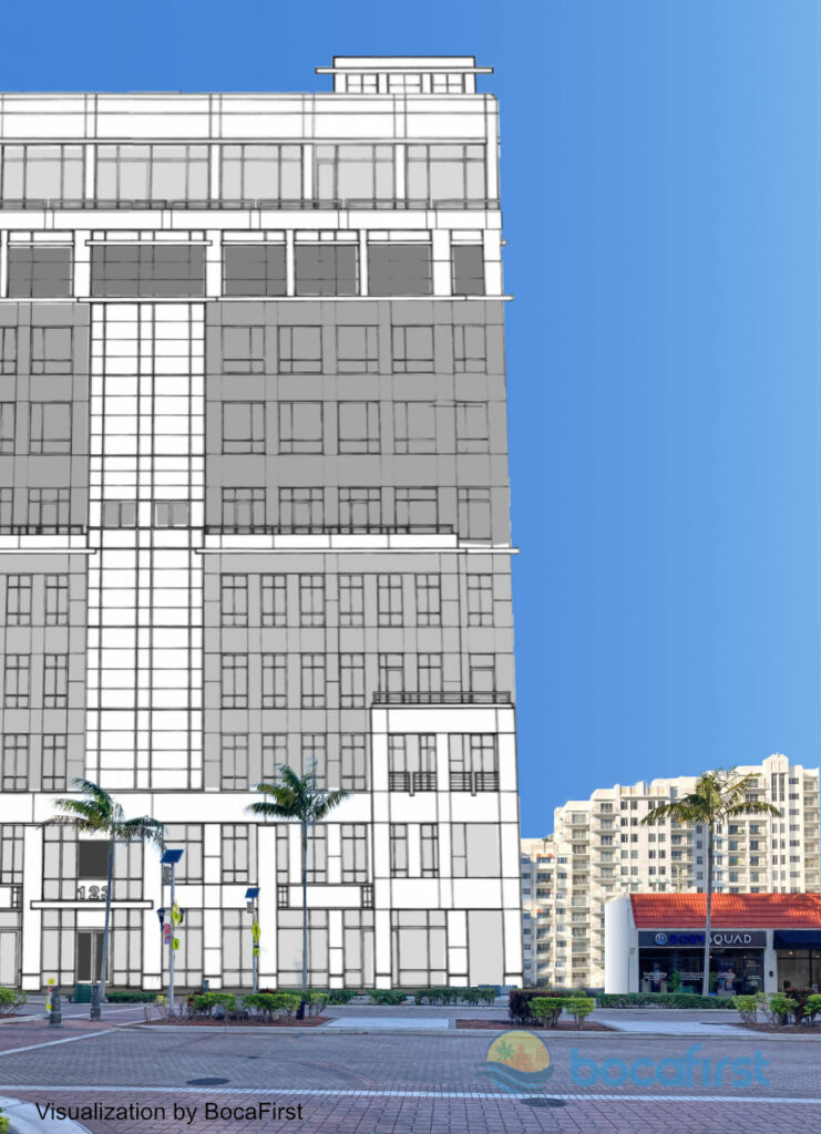 BocaFirst visualization using developer's sketch of 10-story Aletto Square Building A. The view is looking north at Palmetto Park Road. Graphic by Les Wilson.