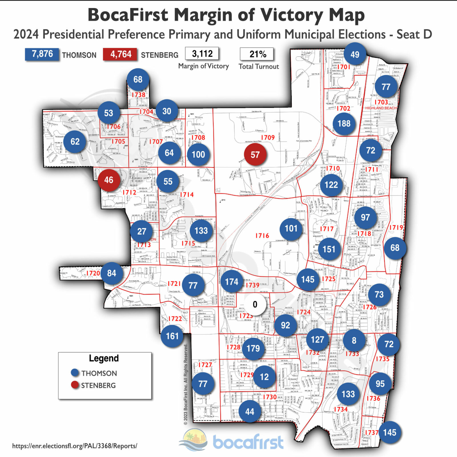SEAT D - March 19, 2024 Uniform Municipal Election Boca Raton Margin of Victory map