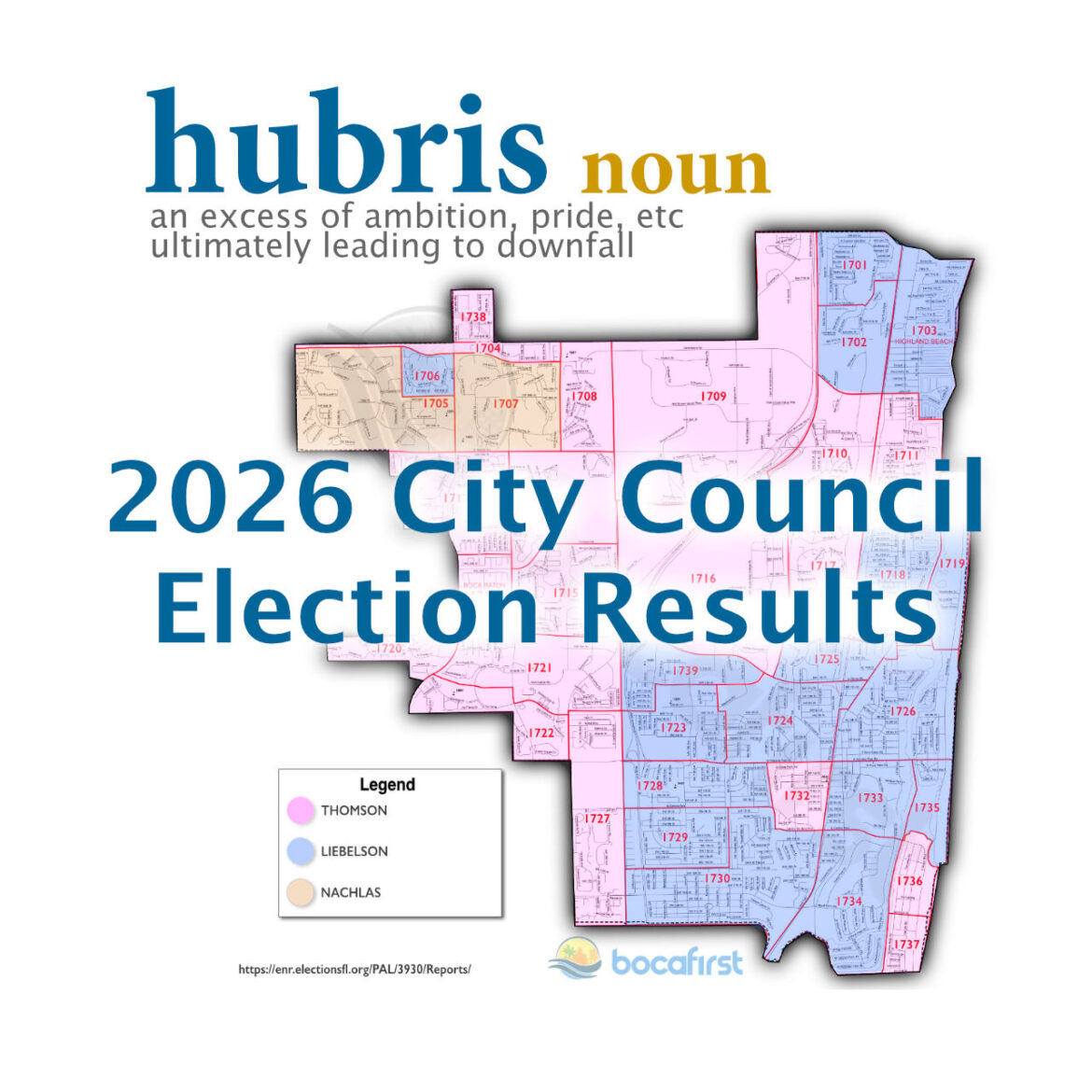 2026 Boca Raton Election Results Map by Precinct. Graphic by Les Wilson. © 2026 BocaFirst.org. All Rights Reserved.